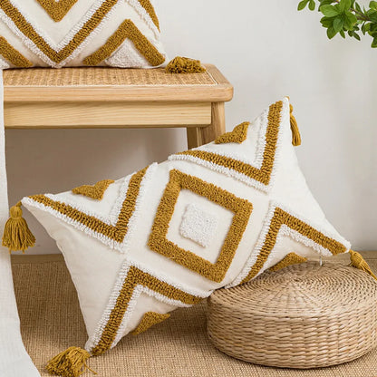 DecorBites™ Geometric Embroidery Cushion Cover with Tassel, Home Decor Pillowcase, Various Sizes