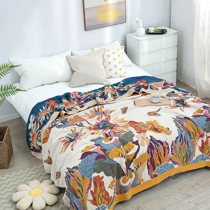 DecorBites™ Cotton Summer Blanket & Pillow Set - Birds & Flowers Design