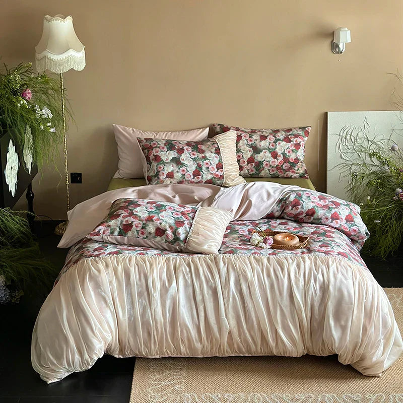 DecorBites™ French Rustic Rose Flowers Duvet Set with Pleated Ruffles & Egyptian Cotton
