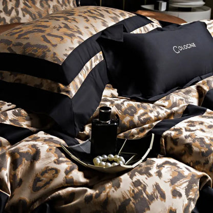 DecorBites™ Leopard Jacquard 1000TC Lyocell Cotton Bedding Set: Duvet, Sheet, Pillowcases