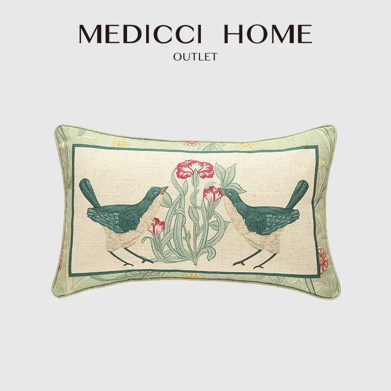 DecorBites™ French Linen Flax Lumbar Pillow Cover Flower Birds Print, Fairy Green