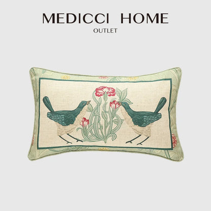 DecorBites™ French Linen Flax Lumbar Pillow Cover Flower Birds Print, Fairy Green