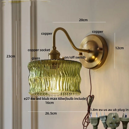 DecorBites™ Green Glass LED Wall Light with Copper Knob Switch for Modern Home Décor