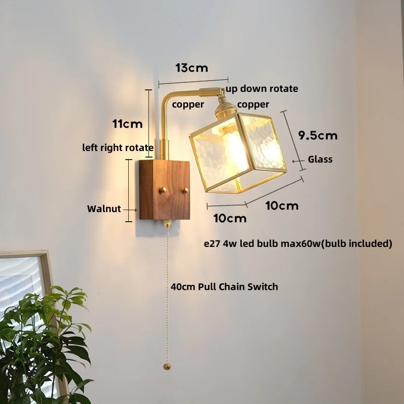 DecorBites™ LED Walnut Wood Cube Glass Wall Light with Pull Chain Switch