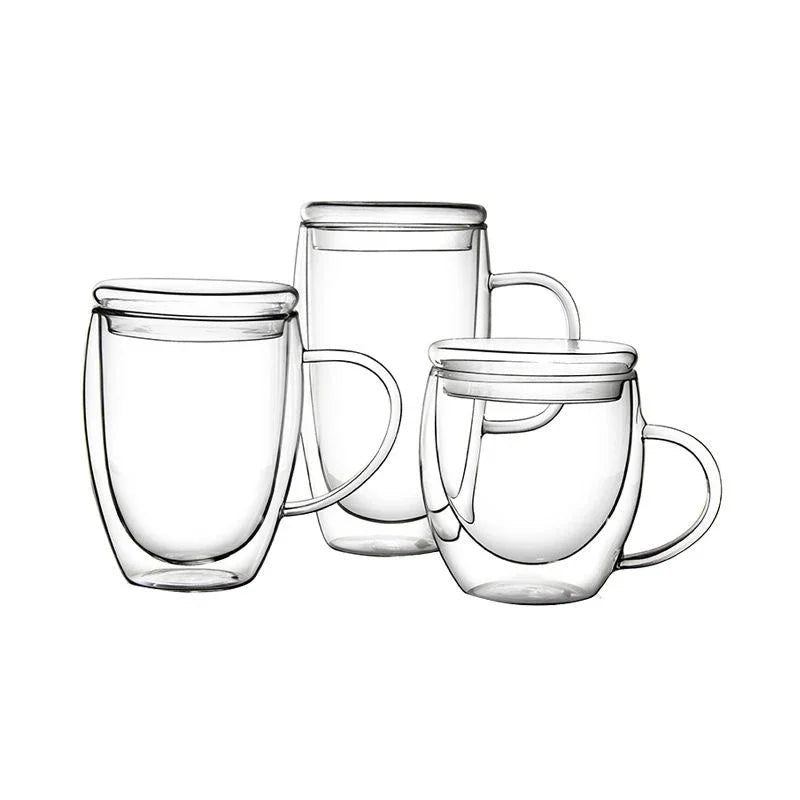DecorBites™ Double Wall Tumbler Set: Beer Whiskey Wine Glasses Tea Mug Coffee Cup with Lid