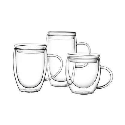 DecorBites™ Double Wall Tumbler Set: Beer Whiskey Wine Glasses Tea Mug Coffee Cup with Lid