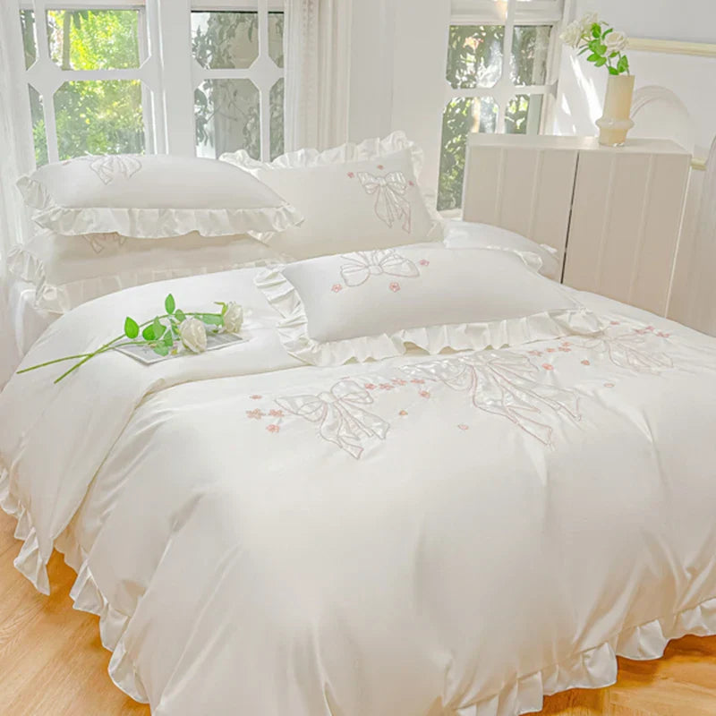 DecorBites™ Ice Silk Embroidered Ruffles Duvet Set with Cool & Skin-Friendly Feel
