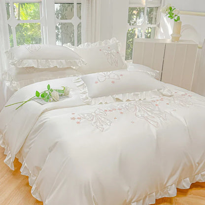 DecorBites™ Ice Silk Embroidered Ruffles Duvet Set with Cool & Skin-Friendly Feel