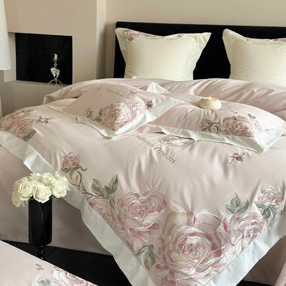 DecorBites™ 4-Piece Pink Purple Flowers Embroidery Bedding Set in 1000TC Egyptian Cotton