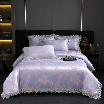 DecorBites™ Golden Jacquard Cotton Lace Bedding Set - Silky Soft Duvet Cover, Flat Sheet, Pillowcase