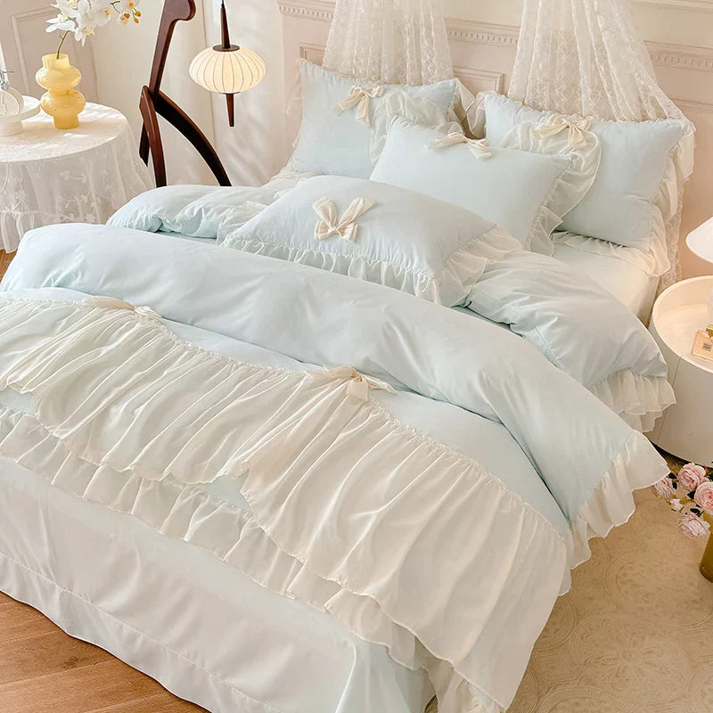 DecorBites™ Korean Lace Bow Bedding Set: Luxury Princess Quilt Cover for Girls Wedding Home Textiles