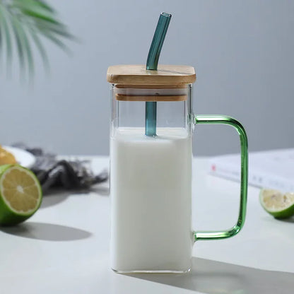 DecorBites™ 400ml Square Glass Mug with Lid and Straw | Versatile Party Beverage Cup