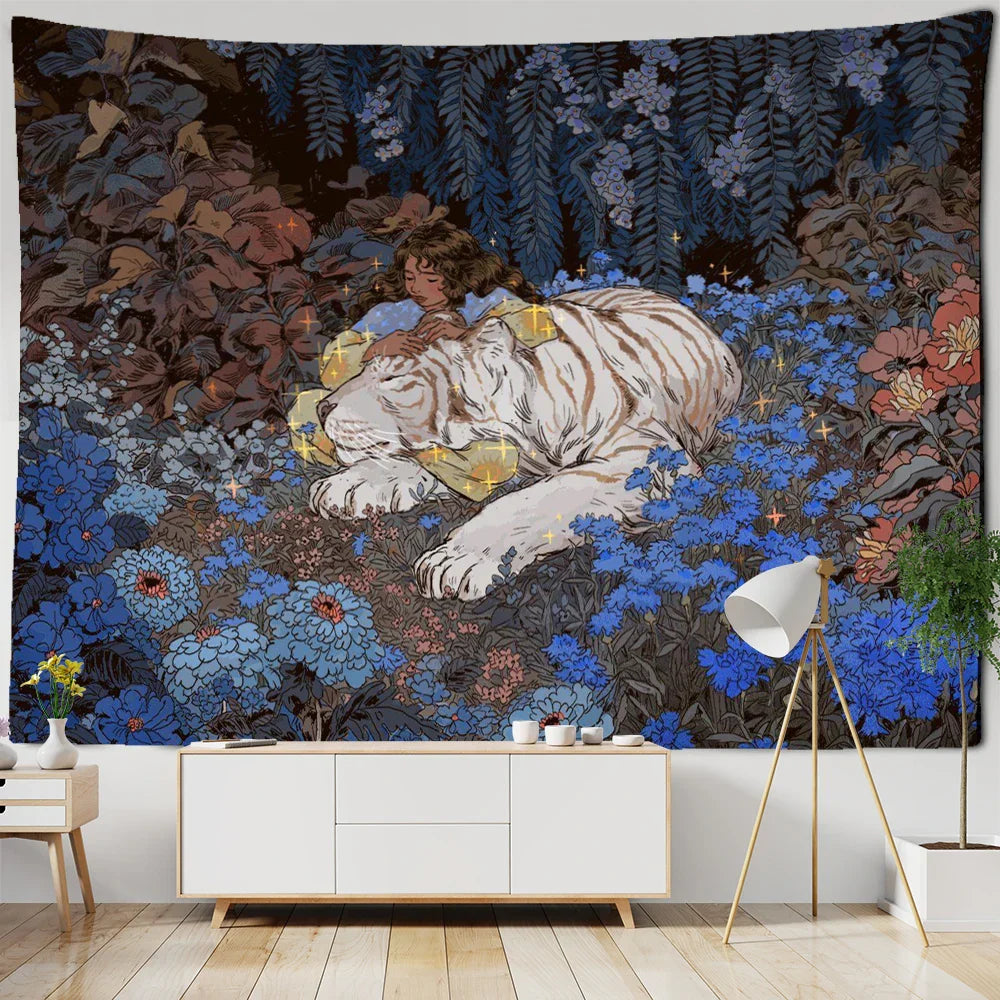 DecorBites™ Enchanted Forest Tapestry: Animals, Flowers, Moon - Home Decor