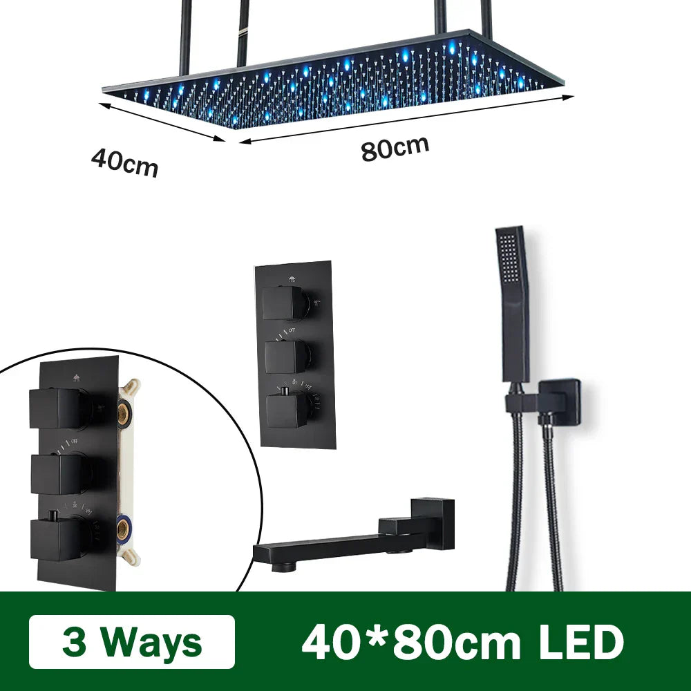 DecorBites™ Black Brass Thermostatic Shower Faucet with Ceiling Rainfall Shower Head
