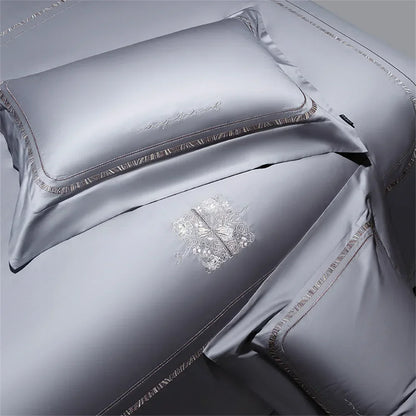 DecorBites™ Cotton Satin Jacquard Embroidery Bedding Set with Elastic Sheet & Duvet Cover