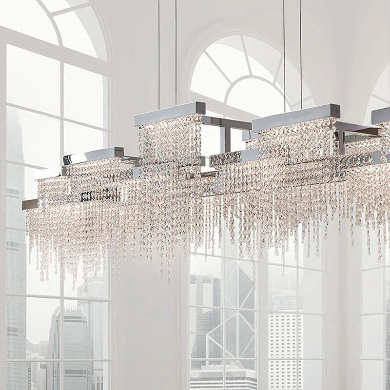 DecorBites™ Crystal Tassel Chandelier: Modern Luxury Silver Hanging Lamp for Dining Room