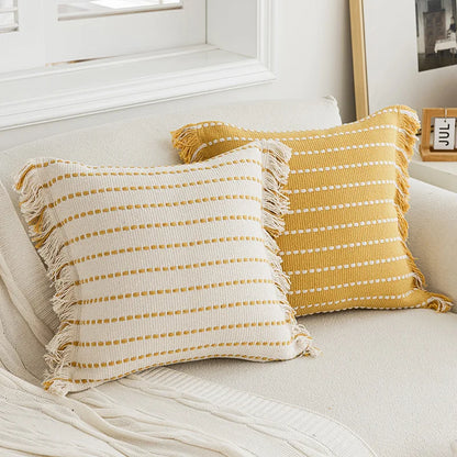 DecorBites™ Geometric Tufted Cushion Cover with Crochet Tassels - Nordic Yellow Striped Pillow Cover