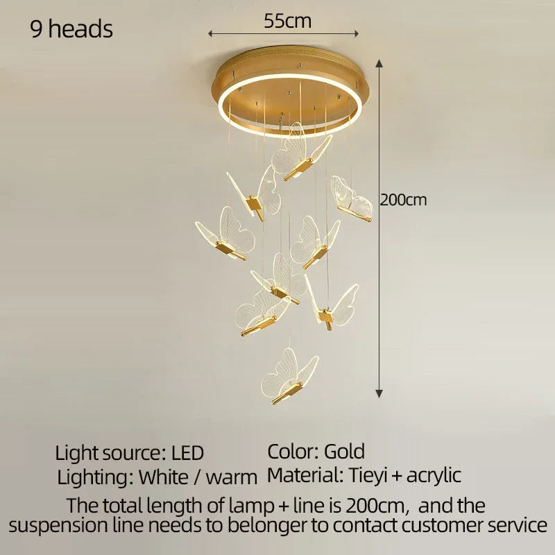 Acrylic Butterfly LED Chandelier 9-Head Staircase