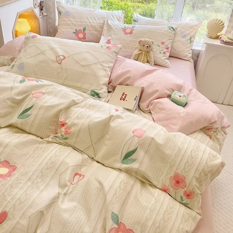 DecorBites™ Double-Sided Floral Print Cotton Bedding Set - Queen Size Soft Duvet Cover Set