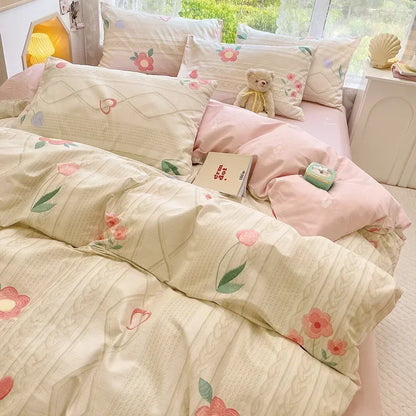 DecorBites™ Double-Sided Floral Print Cotton Bedding Set - Queen Size Soft Duvet Cover Set