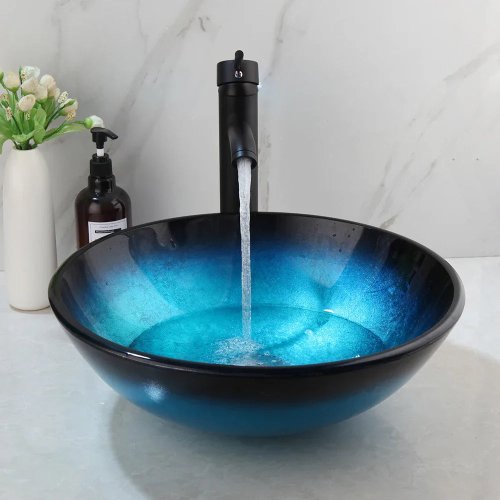 DecorBites™ Bule Glass Sink Set with Matte Black Mixer Faucet Tap and Pop Drain