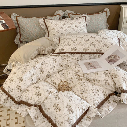 DecorBites™ French Floral Bedding Set, 100% Cotton, Ruffles, Duvet Cover, Bed Sheet, Pillowcases