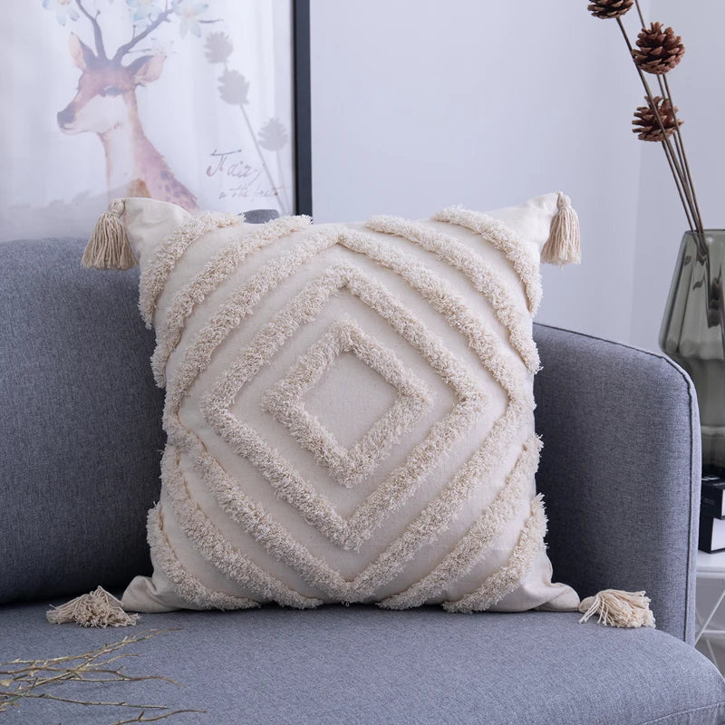 DecorBites™ Geometric Embroidery Cushion Cover with Tassel, Home Decor Pillowcase, Various Sizes