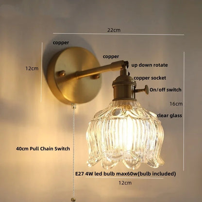 DecorBites™ Glass Pull Chain LED Wall Lamp Copper Socket Study Living Room Stair Light