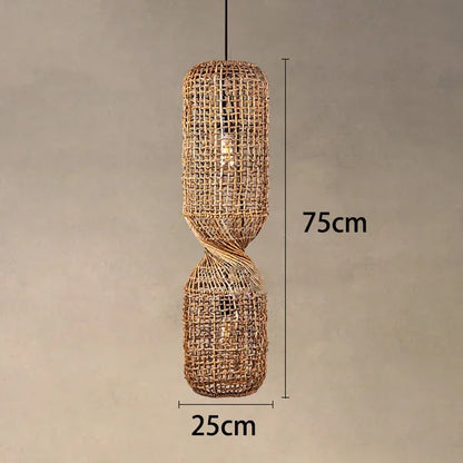 Vintage Hand-Woven Brown Rattan Cylinder Pendant Light