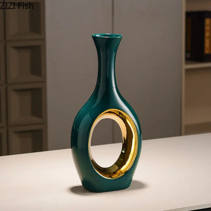 DecorBites™ Gold Ceramic Vase with Artificial Flowers for Elegant Room Decor