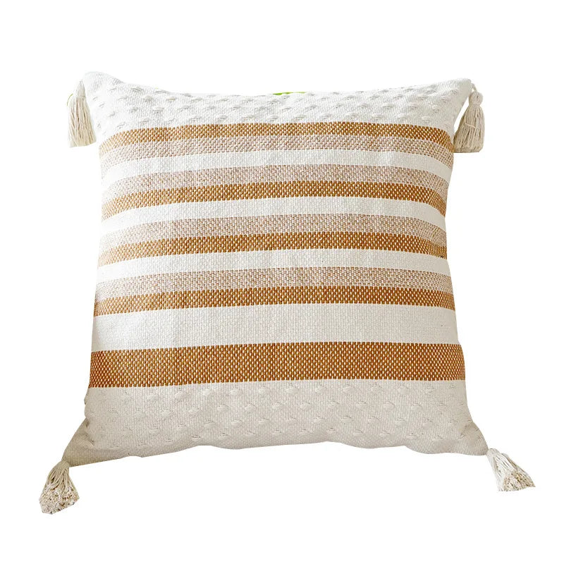 DecorBites™ Ivory Brown Coffee Black Stripe Pillow Case with Tassels 45x45cm 30x50cm 50x50cm
