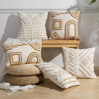 DecorBites™ Geometric Tufted Cotton Canvas Embroidered Pillow Covers for Home Decor