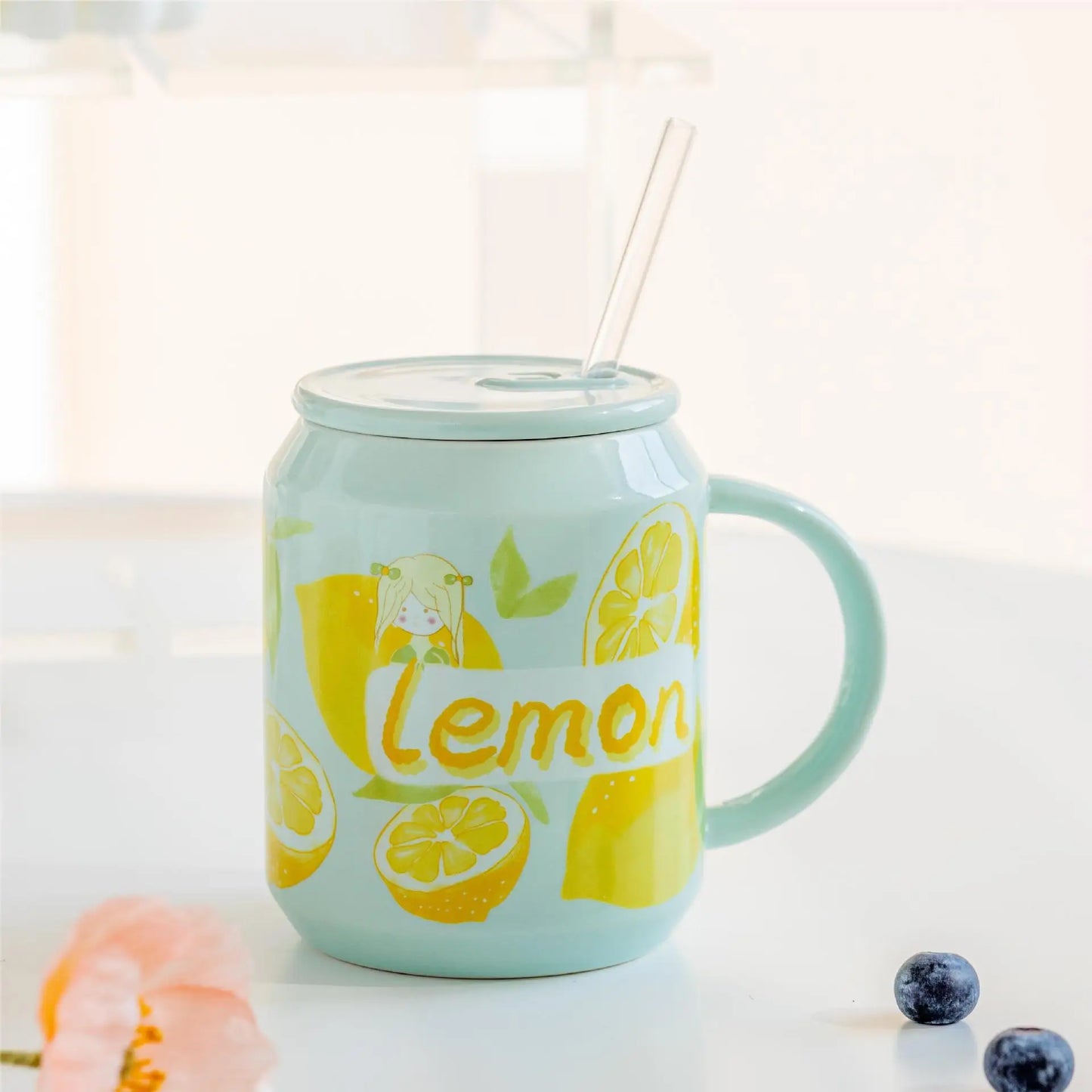 DecorBites™ Fruit Shape Ceramic Mug with Lid and Straw, Cute Korean Style Design