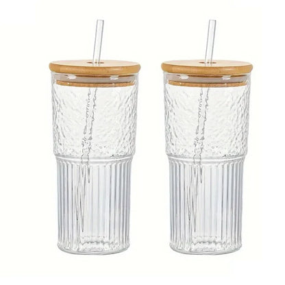 DecorBites™ 500ml Ribbed Glass Cup with Lid and Straw | Stylish Drinking Glass for Any Occasion