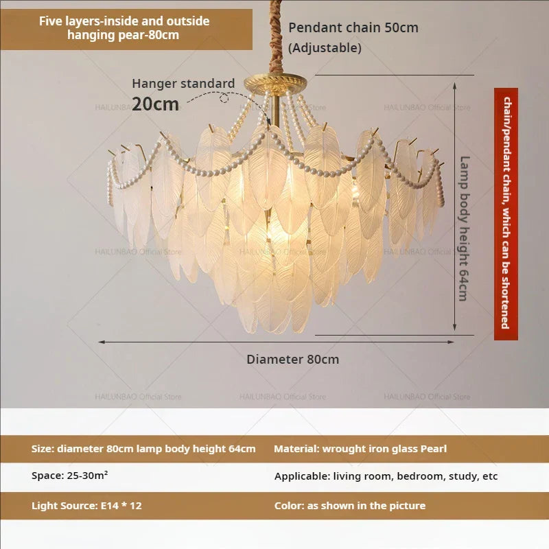 DecorBites™ Cream Wind Feather Pearl Crystal Chandelier for Luxury Living Room and Bedroom