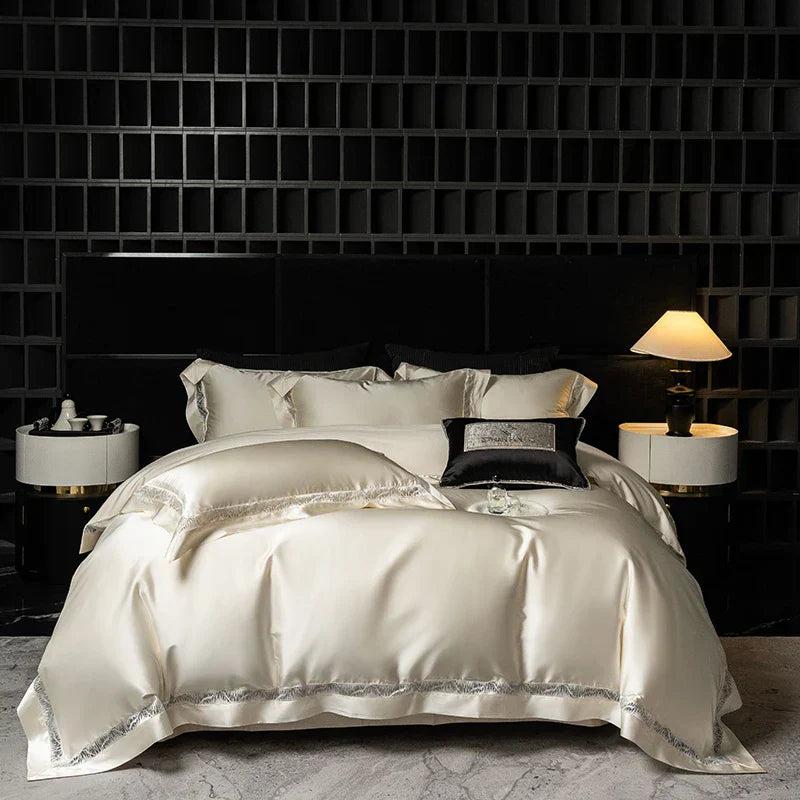 DecorBites™ Luxe Brocade & Egyptian Cotton Bedding Set with Hollow Lace Edge