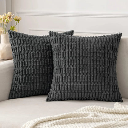 DecorBites™ Corduroy Striped Throw Pillow Covers | Soft White Decorative Square Cushion Case