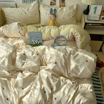 DecorBites™ Cute Cartoon Washed Cotton 4-Piece Bedding Set for Spring Soft Skin-Friendly Sheets