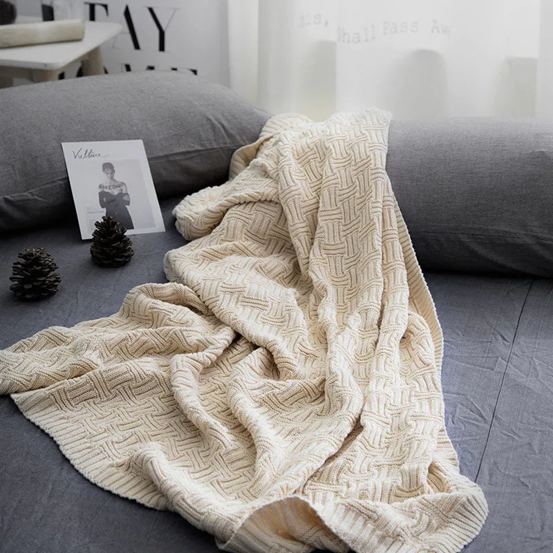 DecorBites™ Cozy Jacquard Blanket: 100% Cotton Solid Color Knitted Shawl for Office or Home