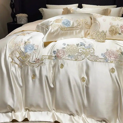DecorBites™ Luxe Brocade Cotton Flowers Embroidery Bedding Set Cream/Champagne Patchwork