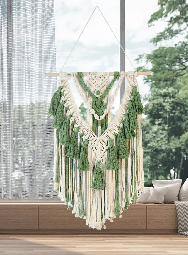 DecorBites™ Green Macrame Tassel Stick Wall Hanging for Home Decoration