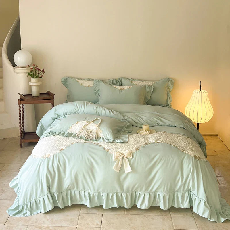 DecorBites™ Lace Embroidery Princess Bedding Set - Duvet Cover, Sheet, Pillowcases - Blue Pink Purple