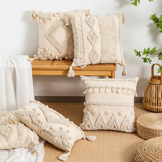 DecorBites™ Beige Wabi-sabi Tufted Fringed Geometric Tassel Cotton Linen Pillow Cover