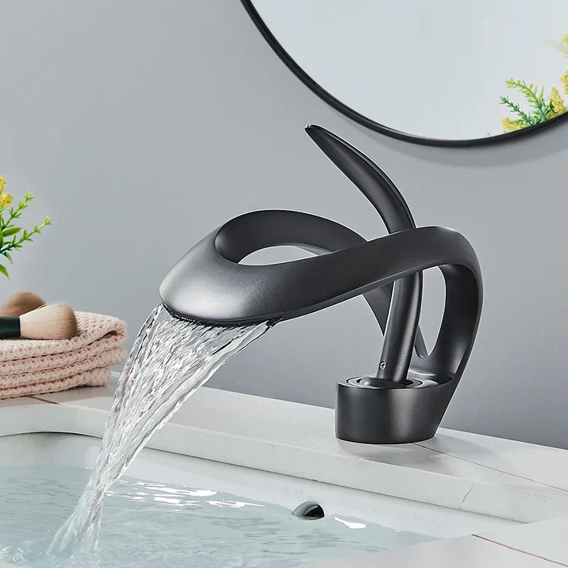 DecorBites™ Black Brass Waterfall Basin Faucet, Single Handle Deck Mount Vanity Tap