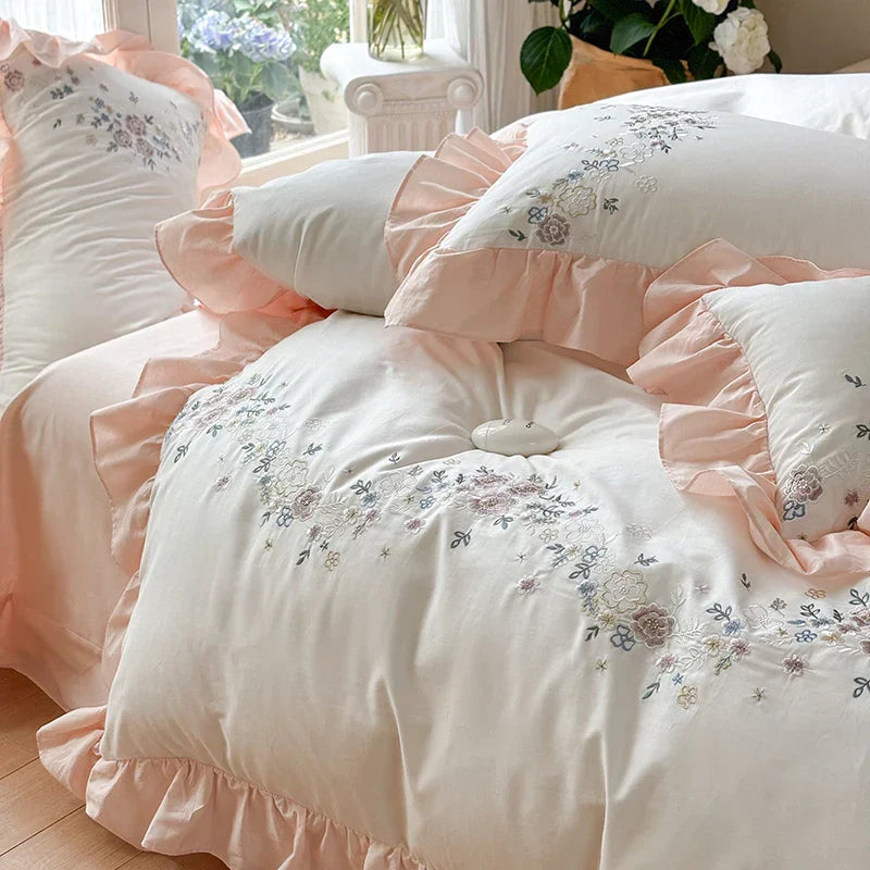 Embroidered Cotton Bedding Set Lace Ruffle King