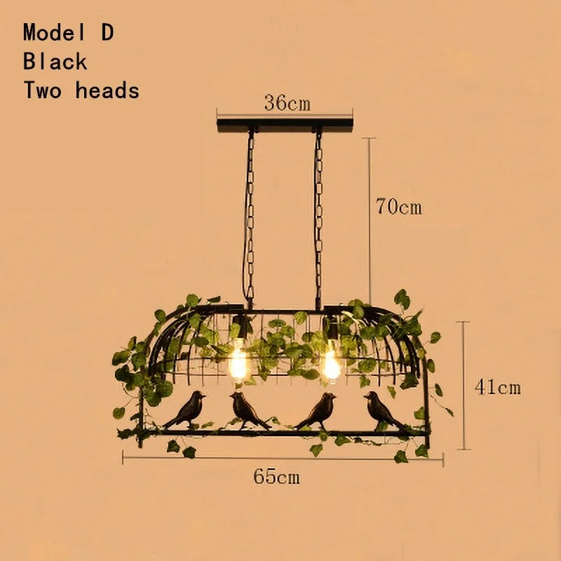 DecorBites™ Iron Bird Cage Chandelier with Green Leaf Decoration and LED Lamps