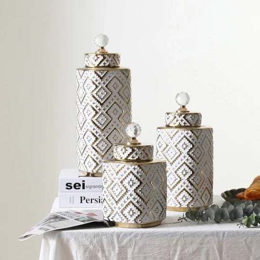 DecorBites™ Geometric Golden Relief Decorative Jar - Ceramic Crystal Vase Storage Jar