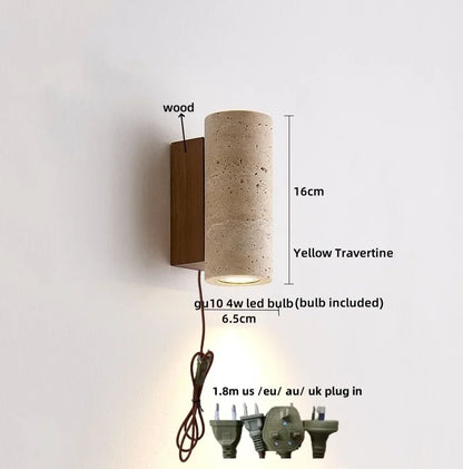 DecorBites™ LED Wall Sconce Yellow Travertine Stone Bedroom Study Cafe Wood Base Stair Light