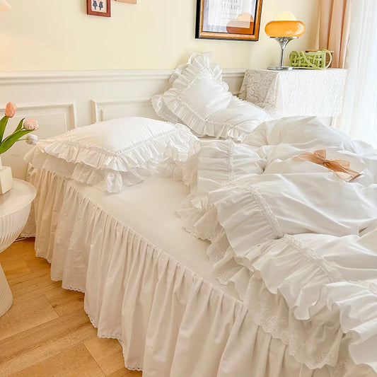 DecorBites™ Korean Princess Style Double Ruffle Bedding Set for Queen King Bed