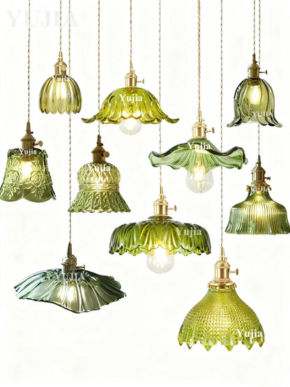 Nordic Green Glass Pendant Light With Brass Accents